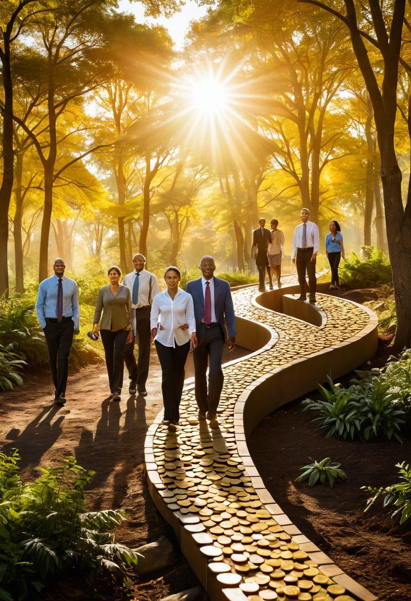 A powerful image of a diverse group of individuals, standing confidently on a winding path made of gold coins, with vibrant trees symbolizing growth and prosperity. In the background, a bright sun rises, casting light on financial symbols like graphs and dollar signs. Each person is holding tools representing financial mastery, such as calculators, budgets, and investment books. super-realistic. vibrant colors. sunny atmosphere.