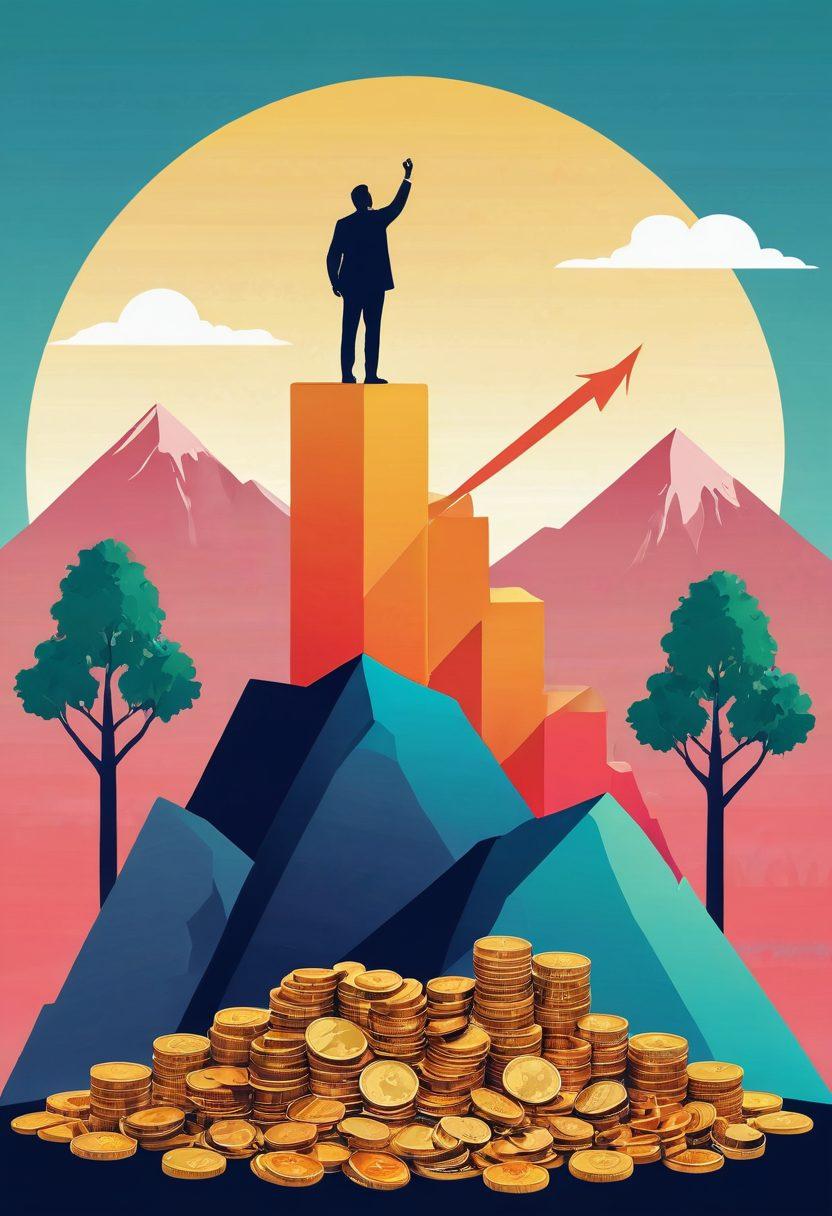 An illustrated depiction of a person standing atop a mountain of coins, gazing into a bright future filled with opportunities, surrounded by graphs representing saving strategies and growth. In the background, a lush landscape symbolizes prosperity with trees shaped like dollar signs. Emphasize elements of motivation and transformation. vibrant colors. vector art.