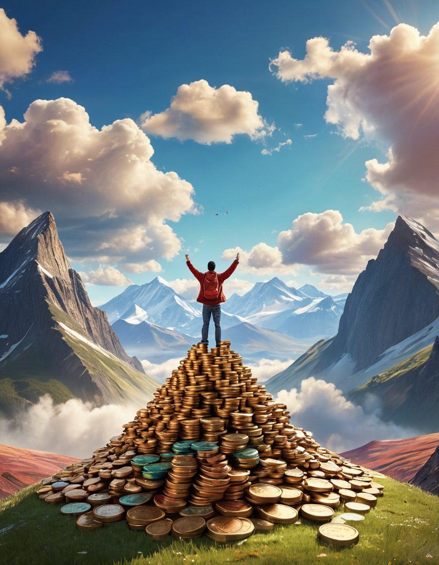 A tranquil scene depicting a person standing on a mountain peak, arms raised in triumph, overlooking a vast landscape symbolizing financial freedom. In the foreground, stacks of coins and a broken chain to represent debt liberation. The sky is bright and sunny, illustrating hope and empowerment. Include motivational quotes subtly integrated into the clouds. vibrant colors. super-realistic. 3D.